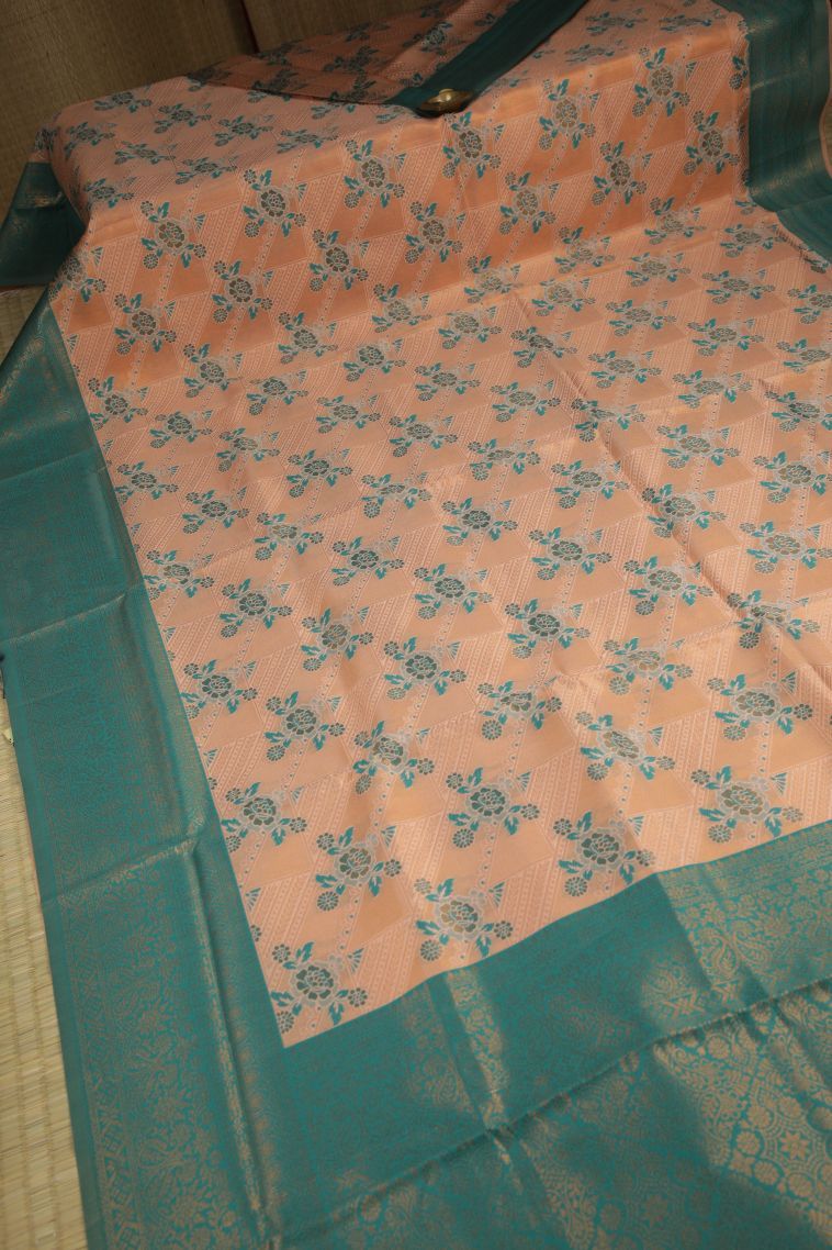 Peach Pink Apoorva Silk Sarees with Copper Zari Floral Patterns view 2