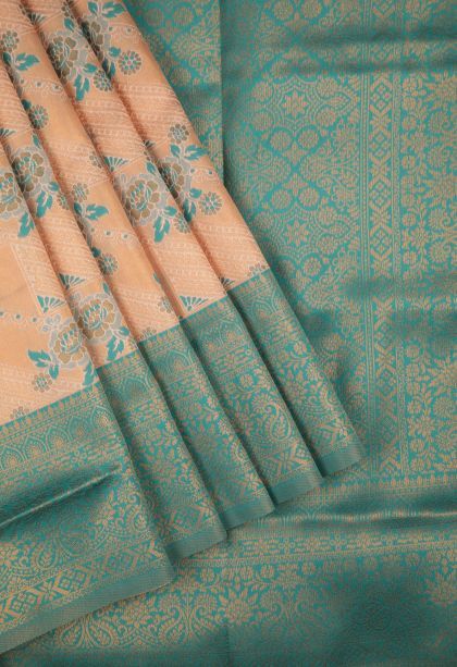 Peach Pink Apoorva Silk Sarees with Copper Zari Floral Patterns