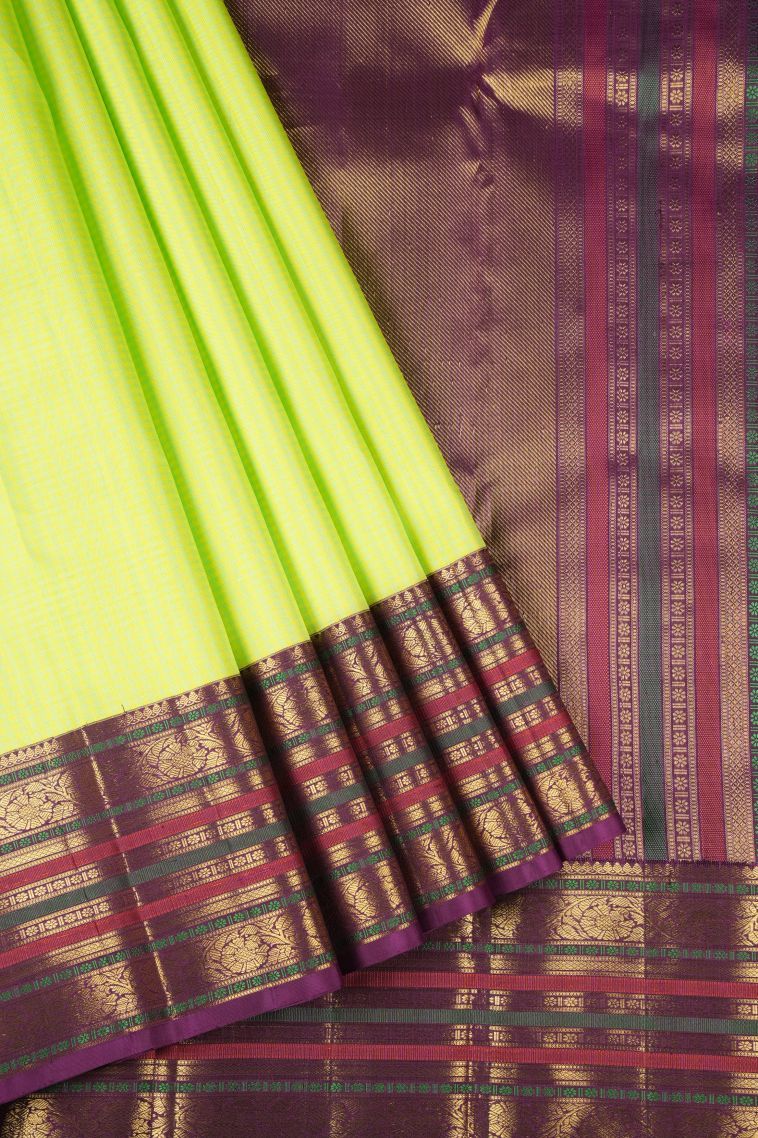 Chartreuse Green Kanchipuram Silk Sarees with Gold Zari Checks view 1