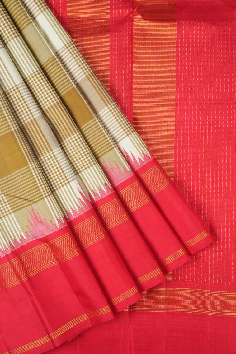 Cream White Kanchipuram Silk Sarees with Gold Zari Checks view 1