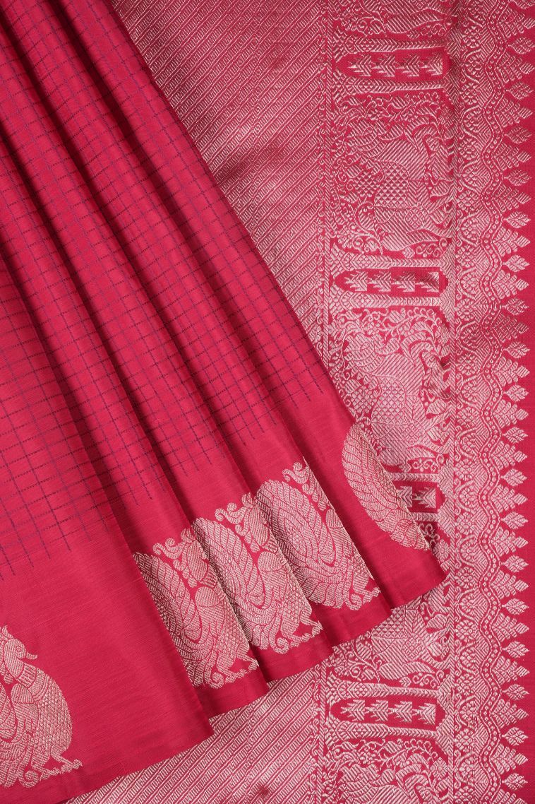 Crimson Red Kanchipuram Silk Sarees with Gold Zari Checks view 1