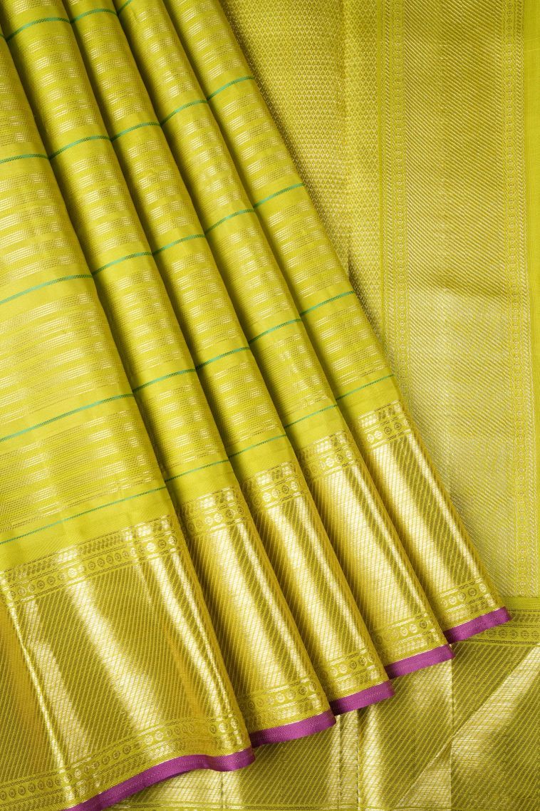 Lemon Yellow Kanchipuram Silk Sarees with Gold Zari Stripes view 1