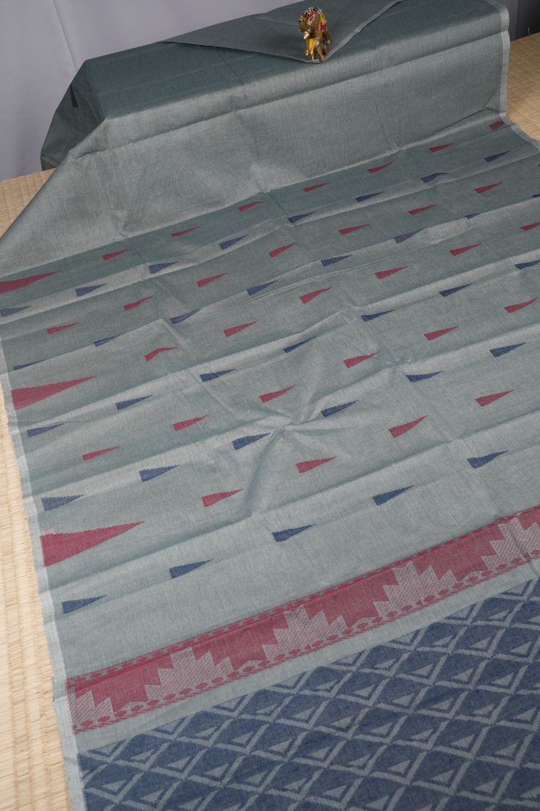 Slate Blue Kanchi Cotton Sarees with Without Zari Zari Geometric Shapes view 2