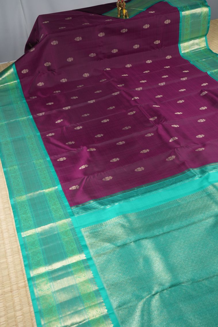 Bosenberry Purple Kanchipuram Silk Sarees with Gold Zari Peacock Motifs view 2