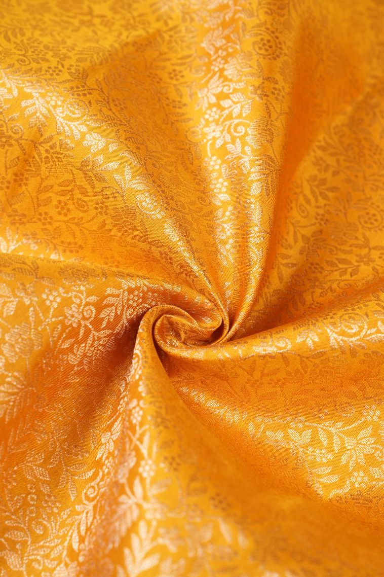 Merigold Orange Kanchipuram Silk Sarees with Copper Zari Floral Patterns view 4