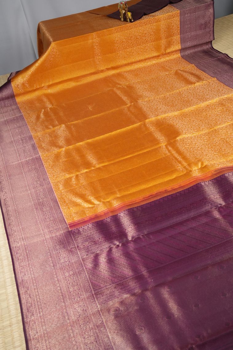 Merigold Orange Kanchipuram Silk Sarees with Copper Zari Floral Patterns view 2
