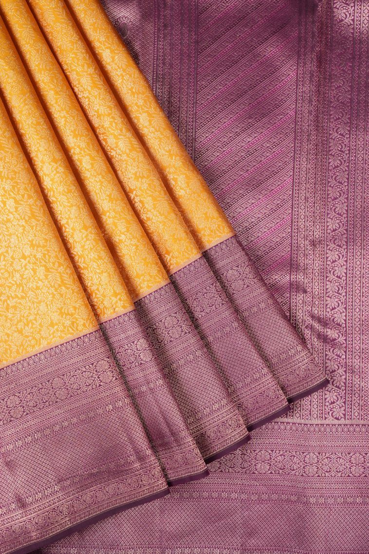 Merigold Orange Kanchipuram Silk Sarees with Copper Zari Floral Patterns view 1