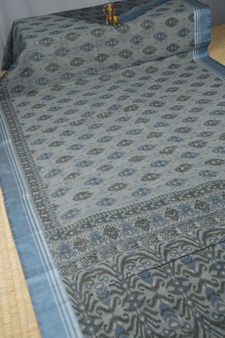 Gray Black Chanderi Cotton Sarees with Without Zari Zari Floral Patterns view 2