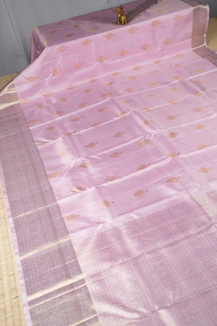 Ballet Pink Kanchipuram Silk Sarees with Gold Zari Stripes view 2
