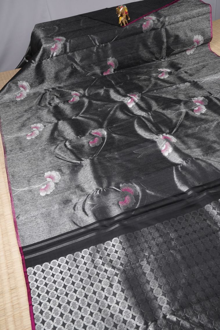 Rock Black Kanchipuram Silk Sarees with Silver Zari Buttis (small Dots Or Motifs) view 2