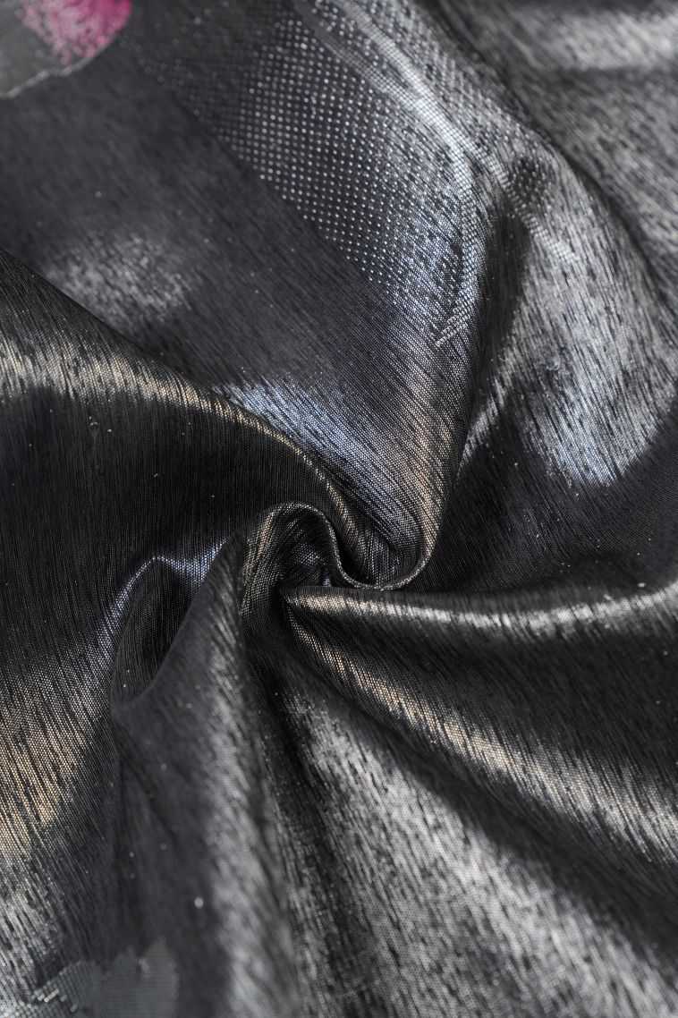 Rock Black Kanchipuram Silk Sarees with Silver Zari Buttis (small Dots Or Motifs) view 4