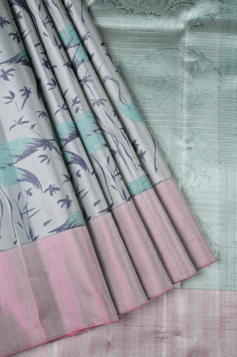 Slate Blue Kanchipuram Silk Sarees with Silver Zari Animal And Bird Motifs view 1