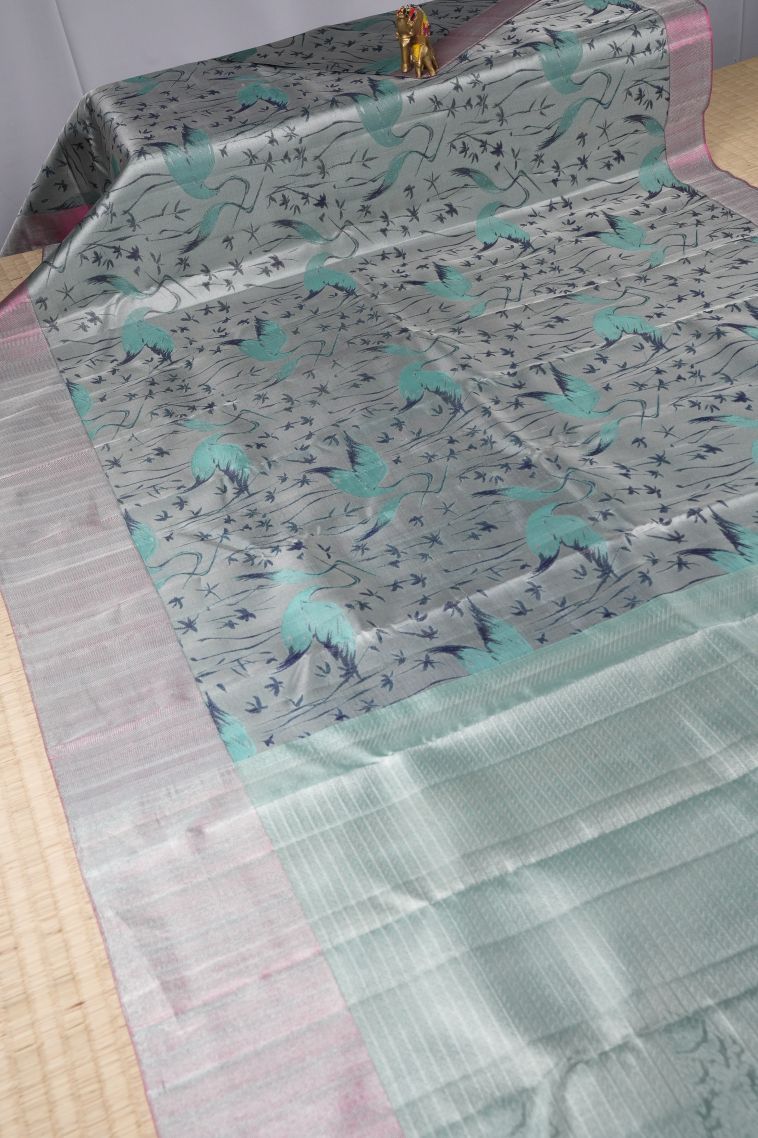 Slate Blue Kanchipuram Silk Sarees with Silver Zari Animal And Bird Motifs view 2