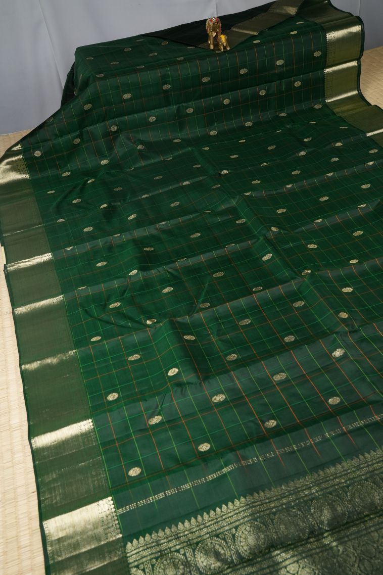 Basil Green Kanchipuram Silk Sarees with Gold Zari Checks view 2