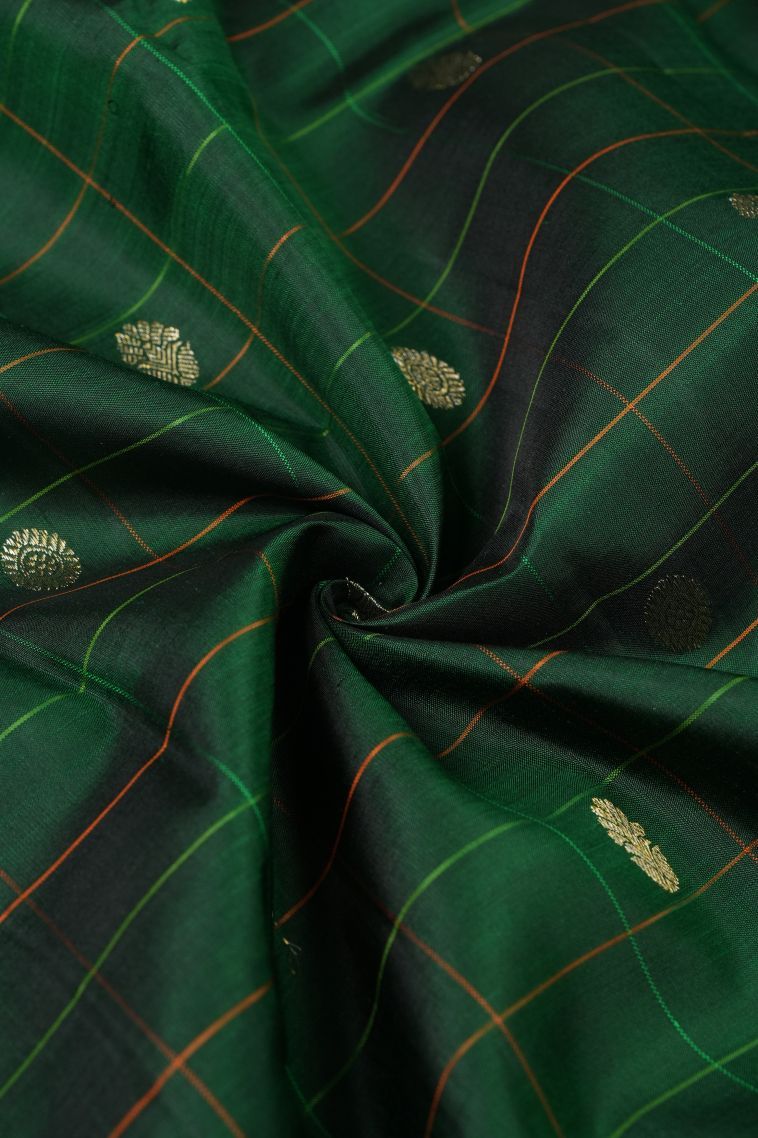 Basil Green Kanchipuram Silk Sarees with Gold Zari Checks view 4