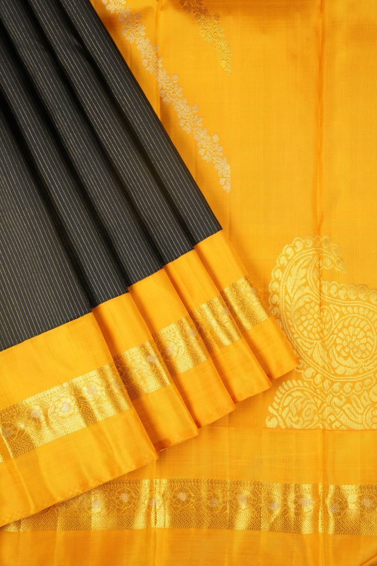 Rock Black Kanchipuram Silk Sarees with Gold Zari Stripes view 1