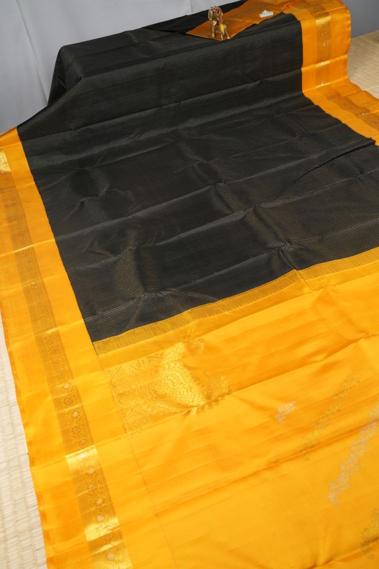 Rock Black Kanchipuram Silk Sarees with Gold Zari Stripes view 2