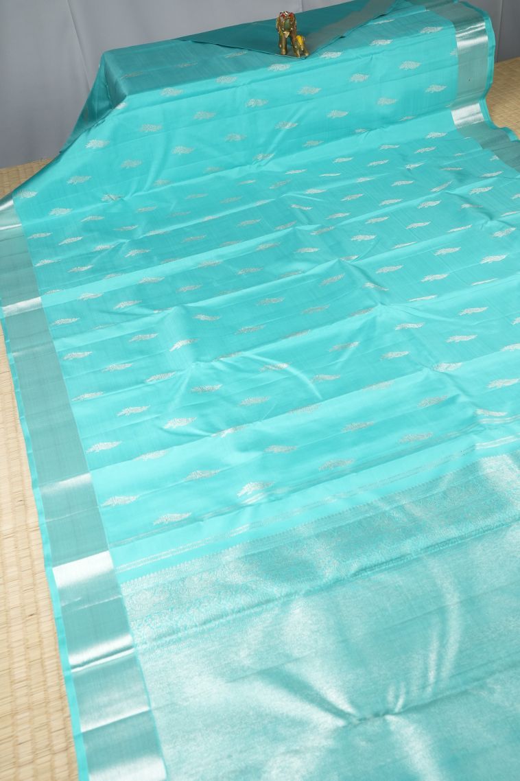 Arctic Blue Kanchipuram Silk Sarees with Silver Zari Buttis (small Dots Or Motifs) view 2