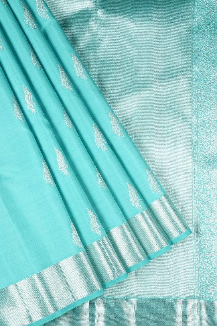 Arctic Blue Kanchipuram Silk Sarees with Silver Zari Buttis (small Dots Or Motifs) view 1