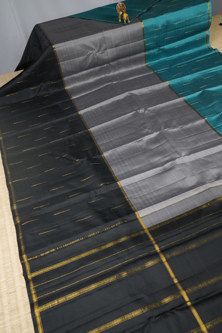 Granite Black Kanchipuram Silk Sarees with Gold Zari Plain view 2