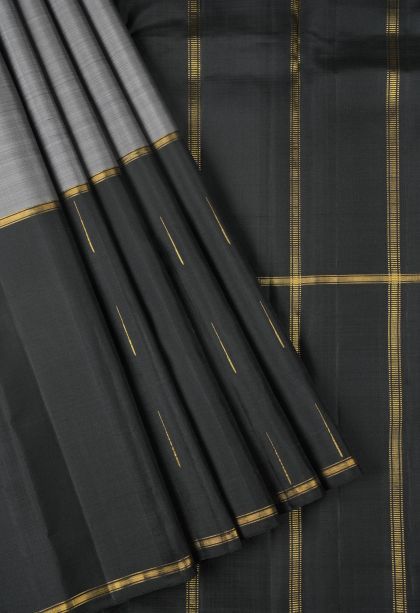 Granite Black Kanchipuram Silk Sarees with Gold Zari Plain