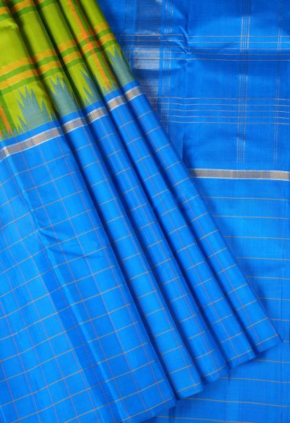 Lime Green Kanchipuram Silk Sarees with Without Zari Zari Checks