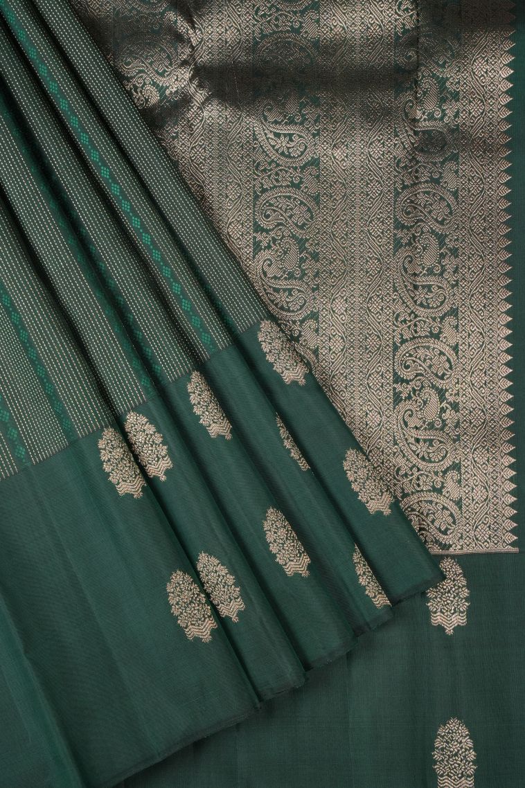 Basil Green Kanchipuram Silk Sarees with Gold Zari Stripes view 1