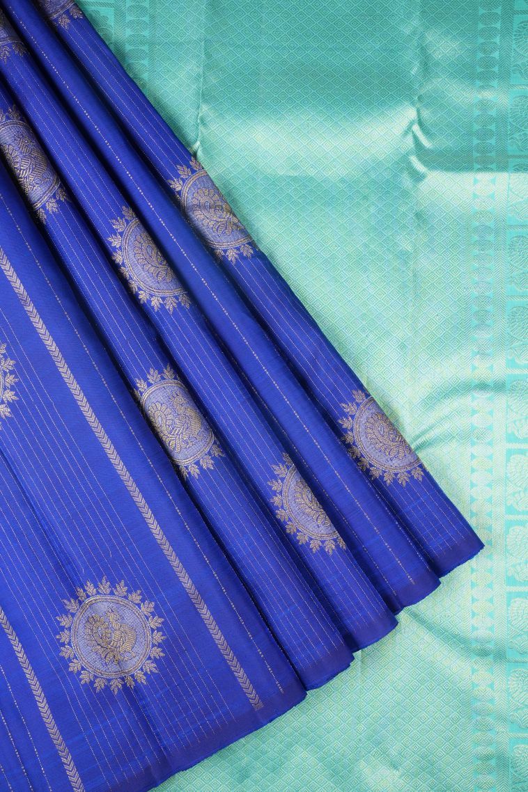 Azure Blue Kanchipuram Silk Sarees with Gold And Silver Zari Peacock Motifs view 1