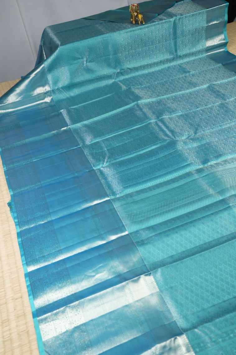 Sky Blue Kanchipuram Silk Sarees with Silver Zari Floral Patterns view 2