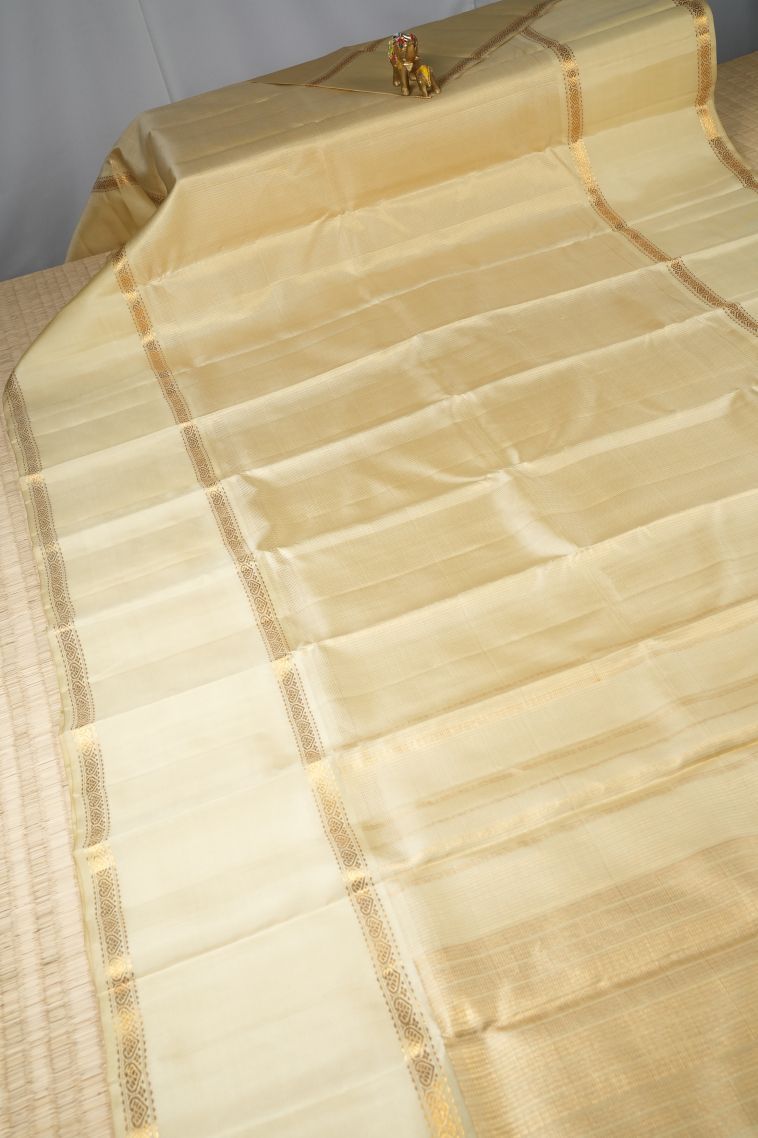 Cream White Kanchipuram Silk Sarees with Gold Zari Stripes view 2