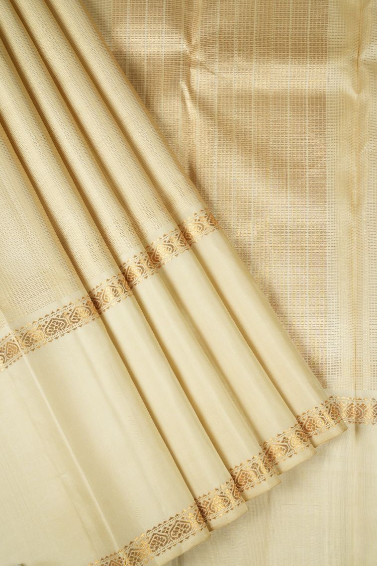Cream White Kanchipuram Silk Sarees with Gold Zari Stripes view 1