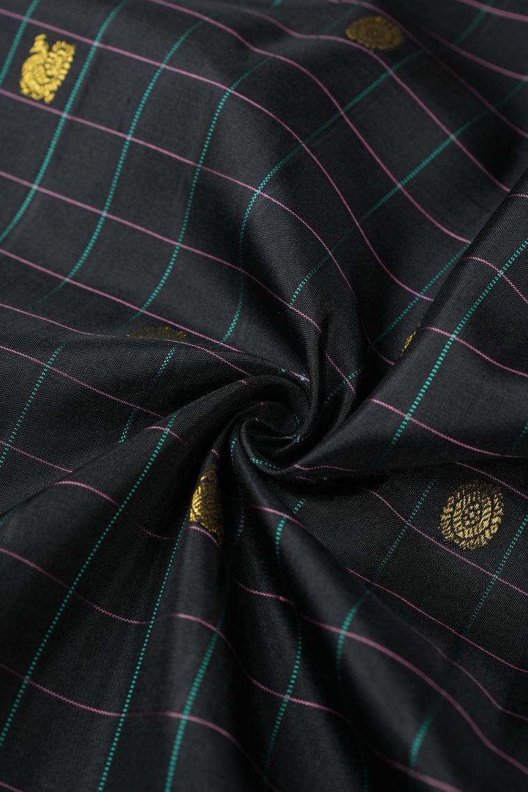 Rock Black Kanchipuram Silk Sarees with Gold Zari Checks view 4