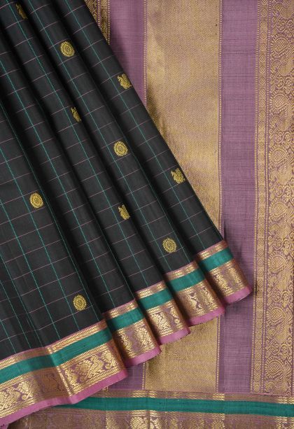 Rock Black Kanchipuram Silk Sarees with Gold Zari Checks