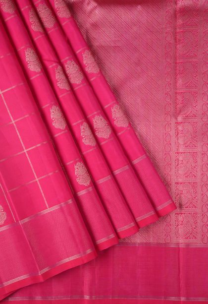 Magenta  Pink Kanchipuram Silk Sarees with Silver Zari Checks