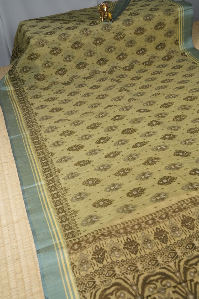 Olive Green Chanderi Cotton Sarees with Without Zari Zari Floral Patterns view 2