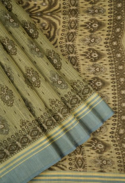 Olive Green Chanderi Cotton Sarees with Without Zari Zari Floral Patterns