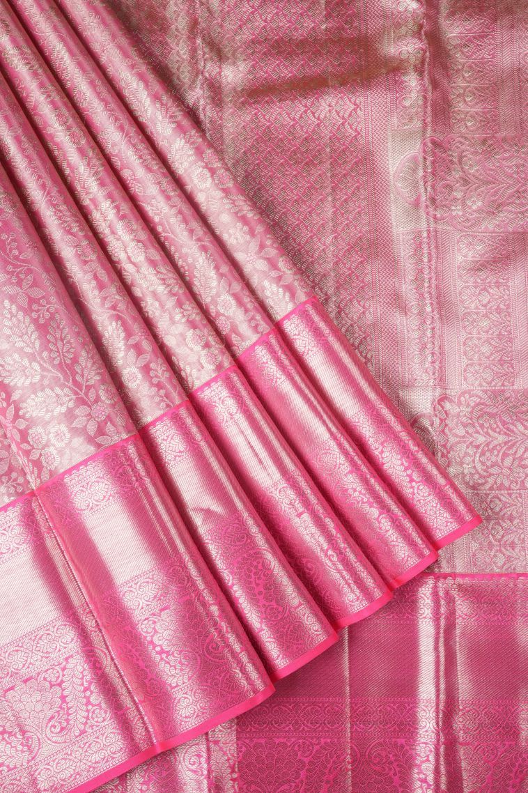 Bubblegum Pink Kanchipuram Silk Sarees with Gold Zari Floral Patterns view 1