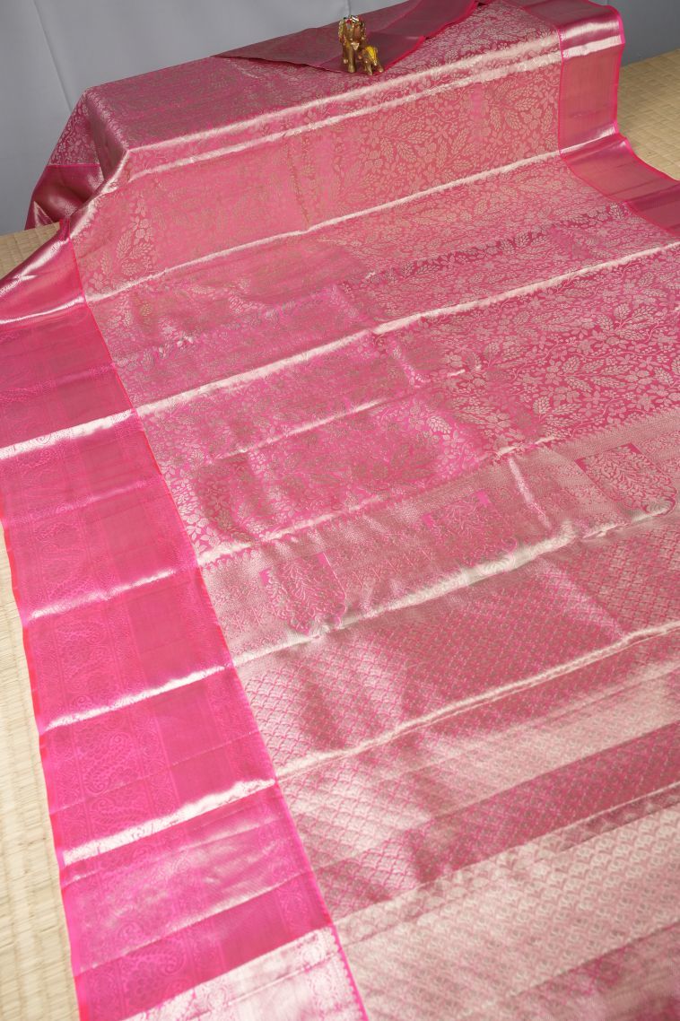 Bubblegum Pink Kanchipuram Silk Sarees with Gold Zari Floral Patterns view 2