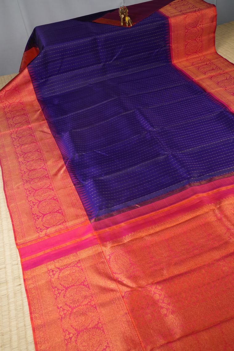 Azure Blue Kanchipuram Silk Sarees with Gold Zari Stripes view 2