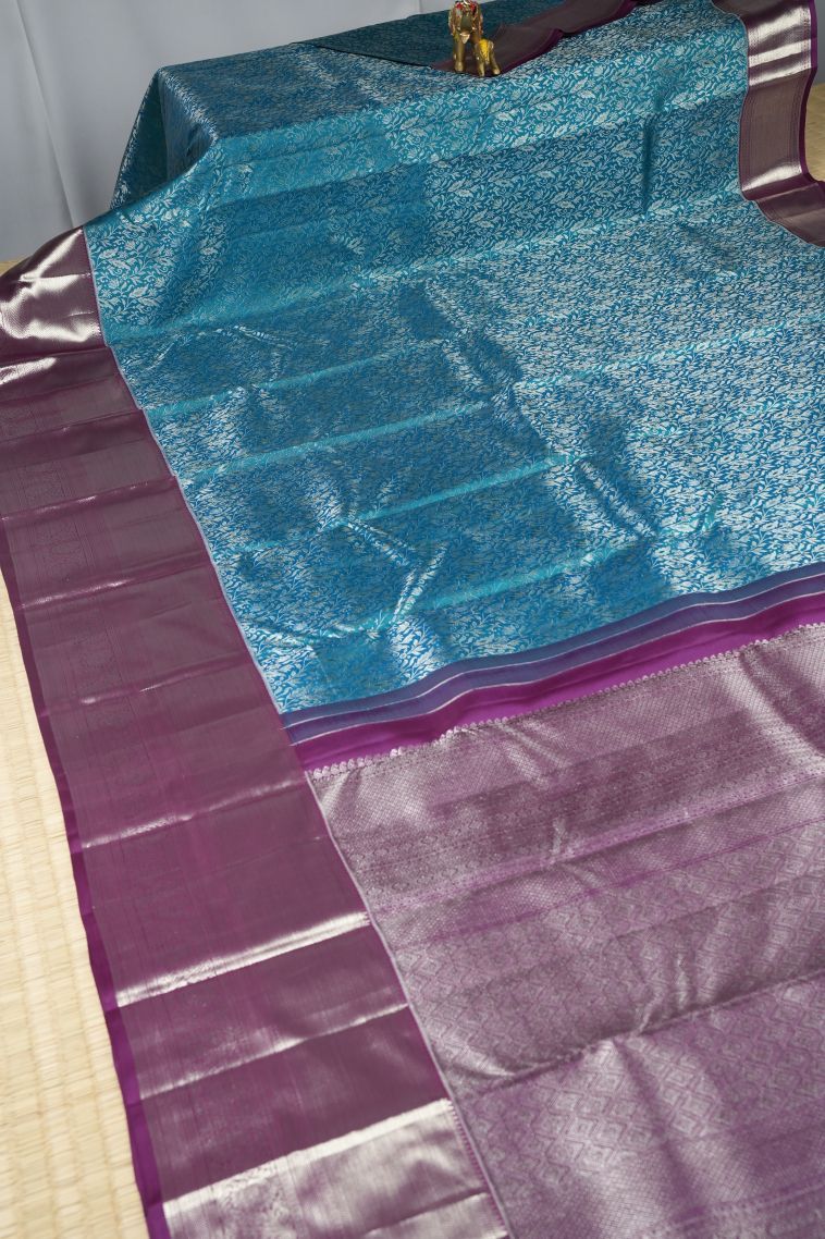 Cerulean Blue Kanchipuram Silk Sarees with Gold Zari Floral Patterns view 2
