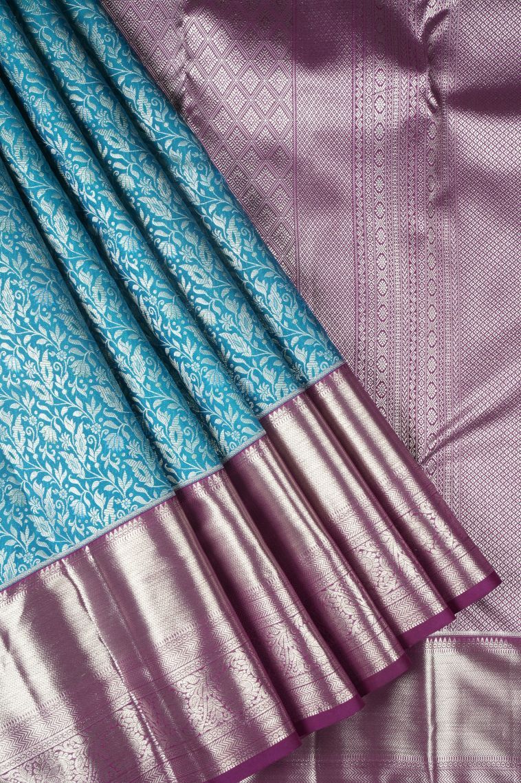 Cerulean Blue Kanchipuram Silk Sarees with Gold Zari Floral Patterns view 1