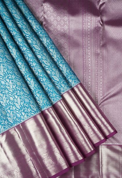 Cerulean Blue Kanchipuram Silk Sarees with Gold Zari Floral Patterns