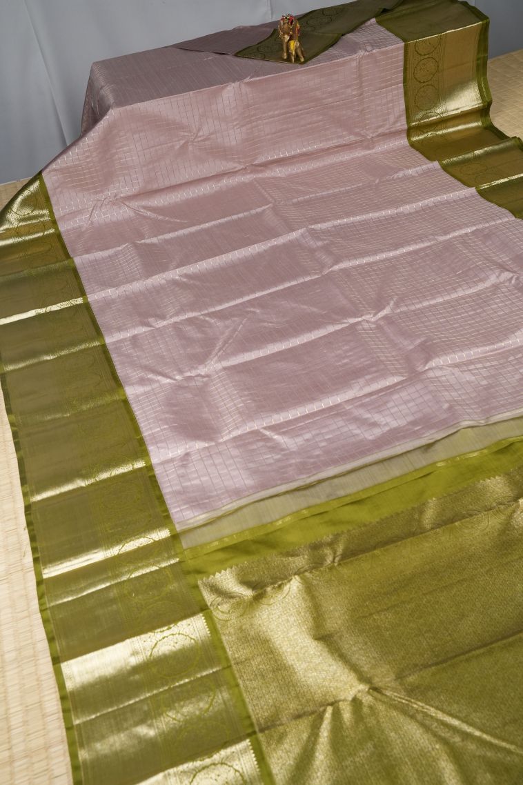 Lean Pink Kanchipuram Silk Sarees with Silver Zari Checks view 2