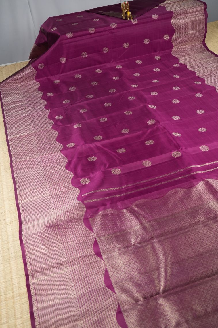 Magenta Purple Kanchipuram Silk Sarees with Gold Zari Buttis (small Dots Or Motifs) view 2