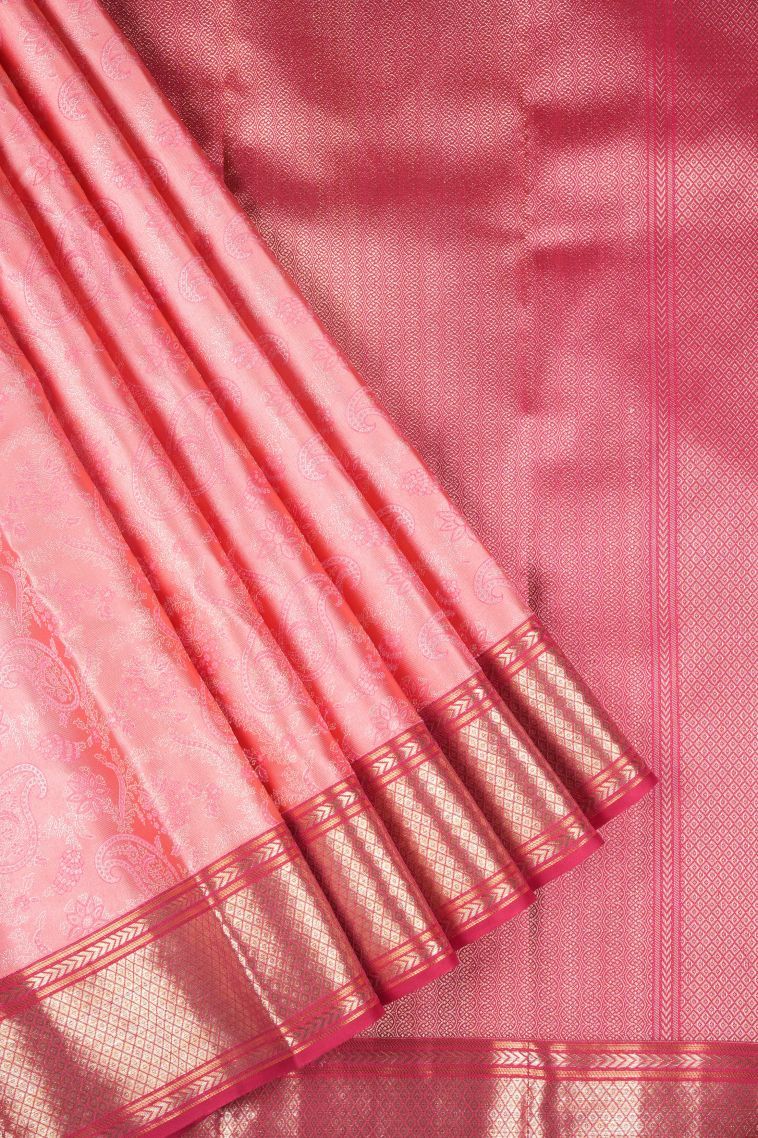 Rouge Pink Kanchipuram Silk Sarees with Gold Zari Floral Patterns view 1