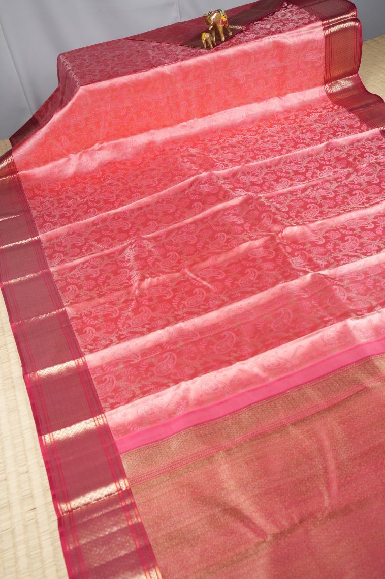 Rouge Pink Kanchipuram Silk Sarees with Gold Zari Floral Patterns view 2