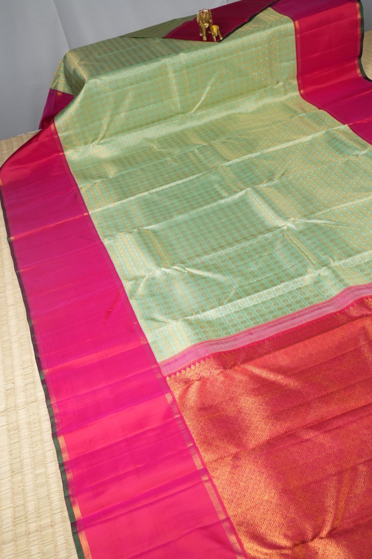 Olive Green Kanchipuram Silk Sarees with Gold Zari Buttis (small Dots Or Motifs) view 2