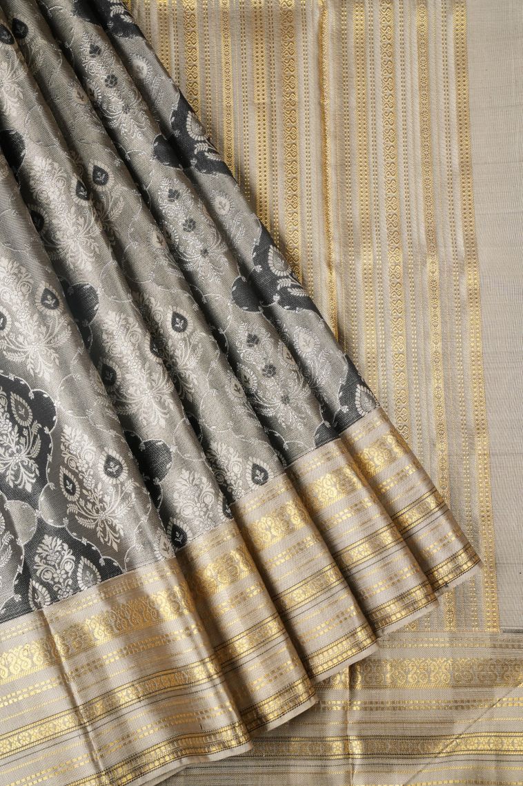 Gray Black Kanchipuram Silk Sarees with Gold And Silver Zari Floral Patterns view 1