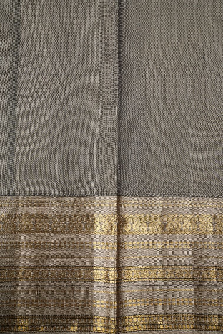 Gray Black Kanchipuram Silk Sarees with Gold And Silver Zari Floral Patterns view 3