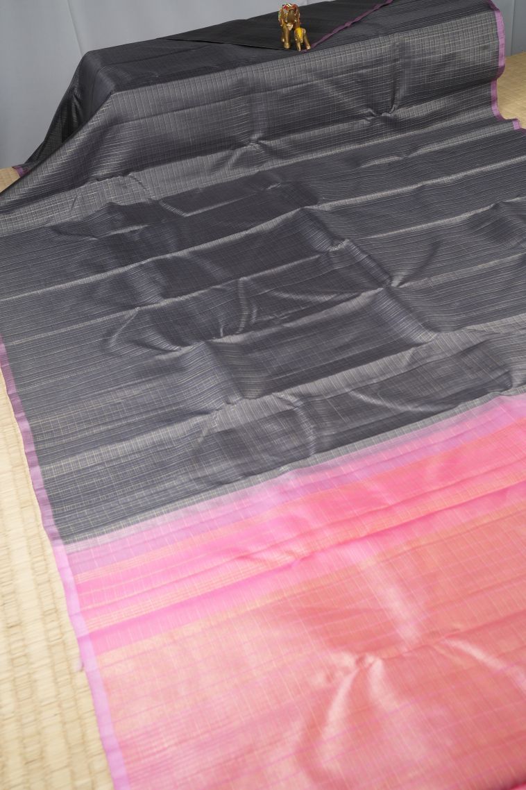 Gray Black Kanchipuram Silk Sarees with Gold Zari Checks view 2